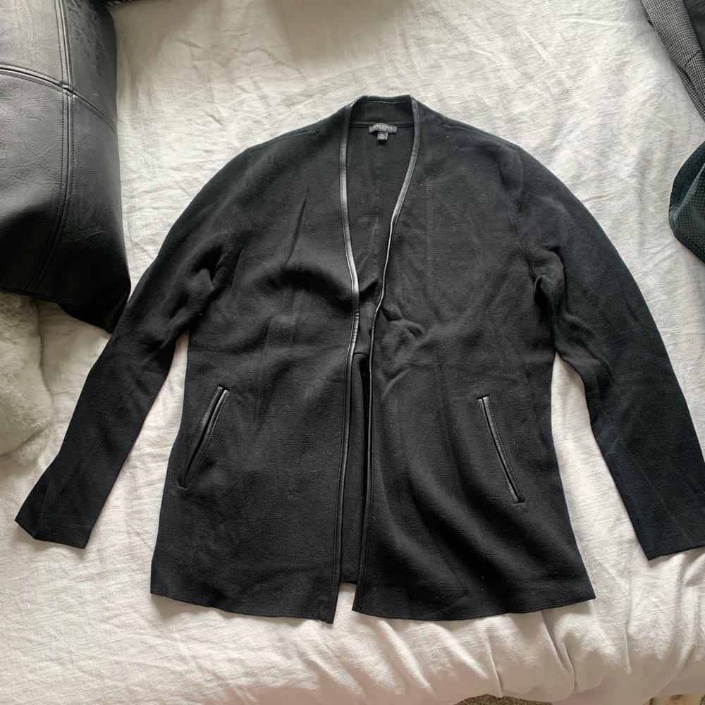 Knit Black Cardigan with Leather Trim